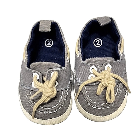 Baby Boy Cotton Lace Up Gray Slip On Boat Crib Shoes sz 2 (3-6 months) - Picture 2 of 12